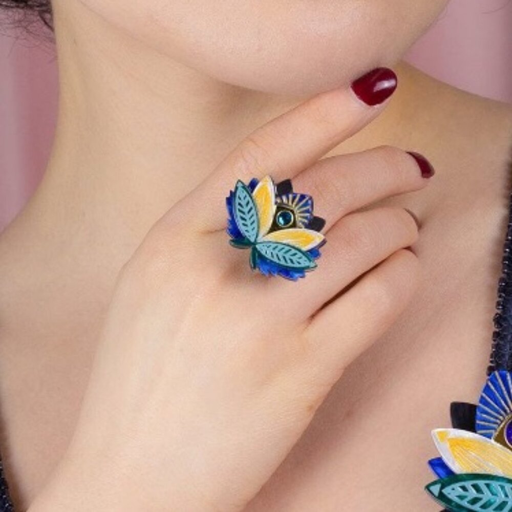 Erstwilder The Blue Lotus Ring. Medium, new in box. Art Deco. Egyptian Revival.